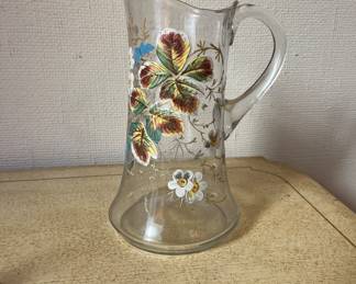 Hand, painted water pitcher with one matching glass