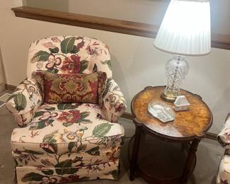 Pair of floral side chairs, round end table, crystal lamp