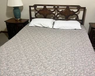 Queen, size bed, pair of nightstands and lamps