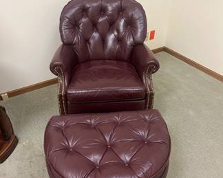 Vintage Hancock and more tufted, leather armchair, and ottoman. Single chair also available.