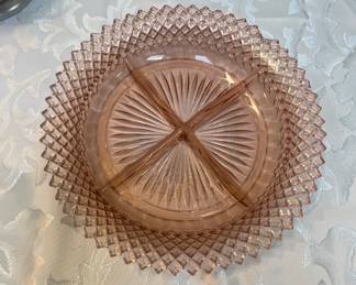 Pink divided depression, glass small chip
