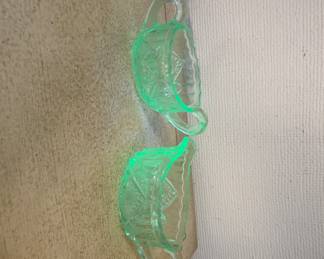 Vintage green uranium glass cream and sugar bowl