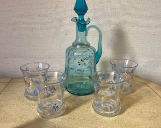 Vintage Decanter, and four glasses, blue and turquoise