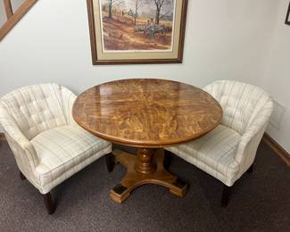 Pair of club chairs, round table with leaf