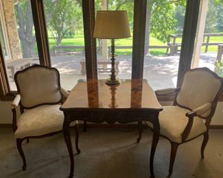 Pair of French Louis the 15th Victorian style chairs beautifully carved table with inlaid top and butterfly leaf
