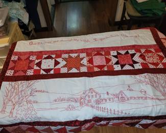 Embroidered and quilted lap blankets and wall hangings.