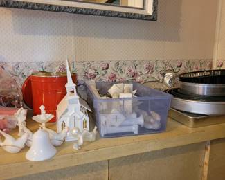 Cake decorating supplies: light-up church, doves, bells, pillars, large round and pans, lamb cake mold.