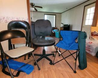 Folding chairs (set of 4), computer chair, 2 stadium seats with carrying case.