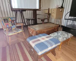 Toy chest, child rocker, footstools