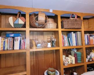 Various size baskets, flower vases, candle holders.  Books: Christian non-fiction, Christian fiction, Cookbooks, Crafting