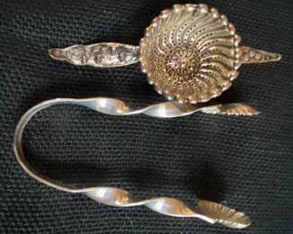 Sterling Silver Tongs and Tea Strainer