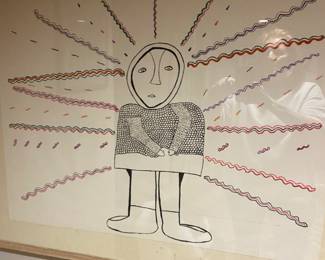 Josie Papialuk b. 1918-1996, "It is very windynand He is Cold" 1982 Inuit Artist, Serigraph
