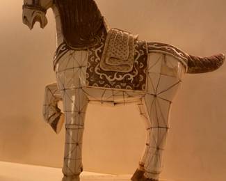 Moroccan or Chinese Dang Dynasty Art Style, Tessellated Bone Horse Sculpture with mother of Pearl detailing