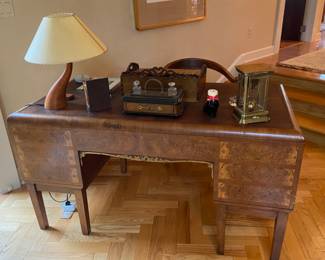 Unique Art Deco Desk with brass detailing and inlay, beautiful condition!
