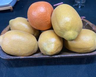 Large Faux Fruit in hand carved rectangular bowl