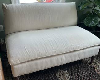 Pottery Barn settee. Neutral linen fabric.