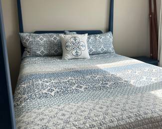 Chalk paint painted queen bed. Mattress, wooden boxspring and bedding all available.