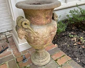 Vintage concrete figural cherub rams head garden planters