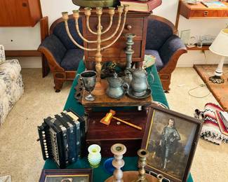 Antiques! Brass candlesticks, pewter, copper, wood...