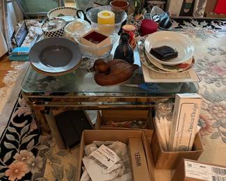 Brass & Glass Coffee Table, Dishes, Stemware, Candles