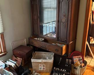 Antique China Cabinet, Flatware, Baskets
