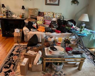 Sofa, Brass & Glass Coffee Table, Purses, Dishes
