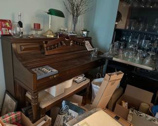 Piano, Bankers Lamp, Flatware