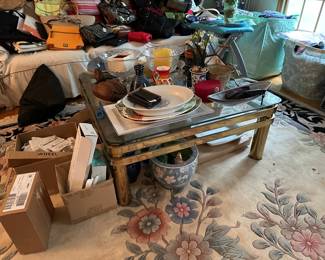 Brass & Glass Coffee Table, Dishes, Stemware, Candles