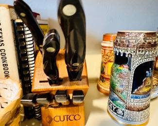 Cutco knife set and beer steins