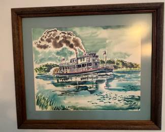 Framed Steamboat watercolor