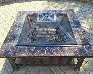 Firepit, patio table and patio chairs