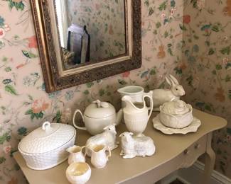 Lovely Mirror, French style desk with assorted white ceramics
