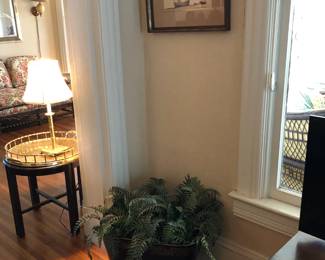 2 framed Dennis John Hanciri pictures, Asian tray style side table, metal fern container