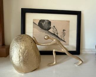 Modernist Paperweight - Sisyphus Metal Man Pushing Boulder