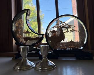 Pair of Sterling Candle holders. 2 Vintage Chinese Cork Dioramas