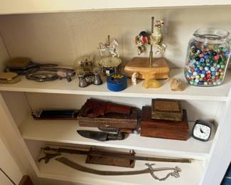 Marbles, Swords, Wooden Boxes, Vanity Hand Mirror Antique Opera Glasses, and other Chotskies.