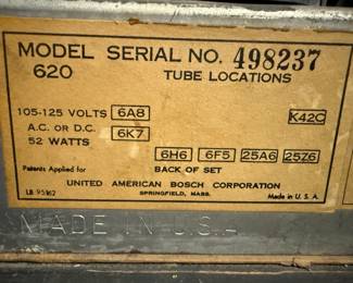 Label on back of American-Bosch Tube Radio