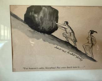 Framed cartoon clipping of Sisyphus pushing the bolder.