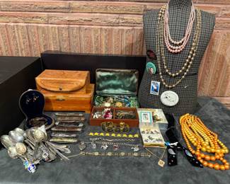 Costume Jewelry, Sterling Spoons, Keepsake boxes.