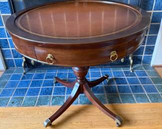 Federal Style Round (Drum) Table with Leather Inset Top and Drawer (30in Diameter | 27in Tall)