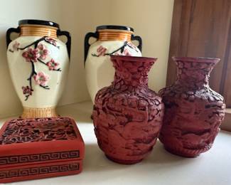 Small Chinese Cinnabar Vases and Trinket Box, 2 Vintage Hand-Painted Vases - Japan.