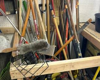 Rake, shovel, pick axe, broom, hammer