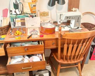 MCM sewing table with vintage Singer sewing machine