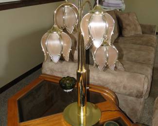 Brass and glass tulip lamp, table top edition