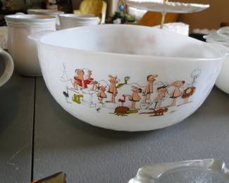 Vintage Fire-King milk glass serving bowl featuring B.C. comic strip characters