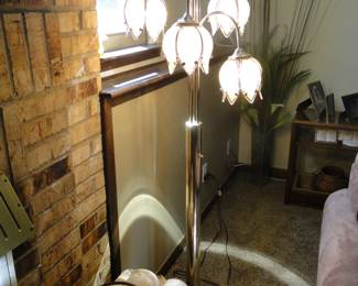 Brass and glass tulip floor lamp, and this one also lights up three different ways
