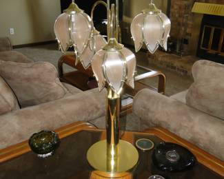 Brass and glass tulip lamp, table style