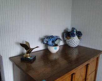 Brass duck and some floral vases