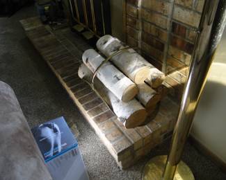 Brass fireplace log holder with birch logs