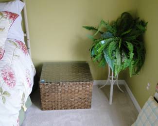 Wicker box, with glass top, and faux fern in stand